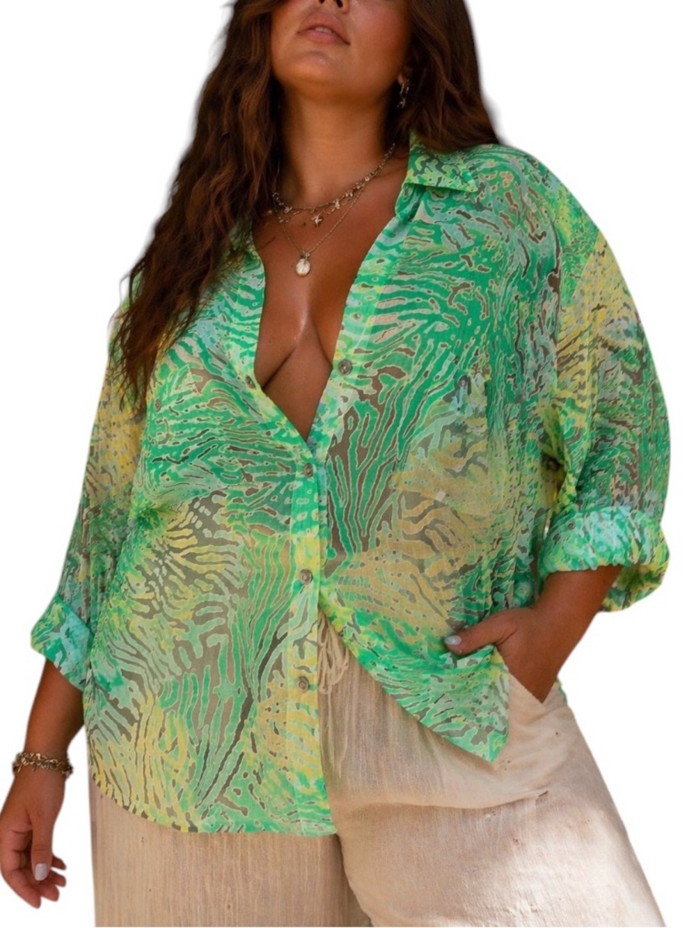 Studio Style 20W Sheer Green Blue Tropical Print Blouse Resortwear Vacation